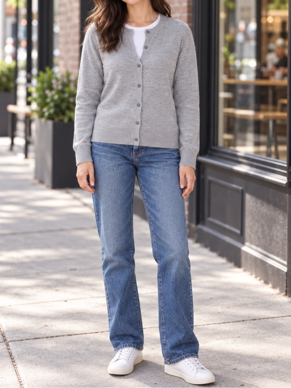 LL Bean Merino Wool Cardigan Womens LP Gray Crewneck Button Front Preppy Money